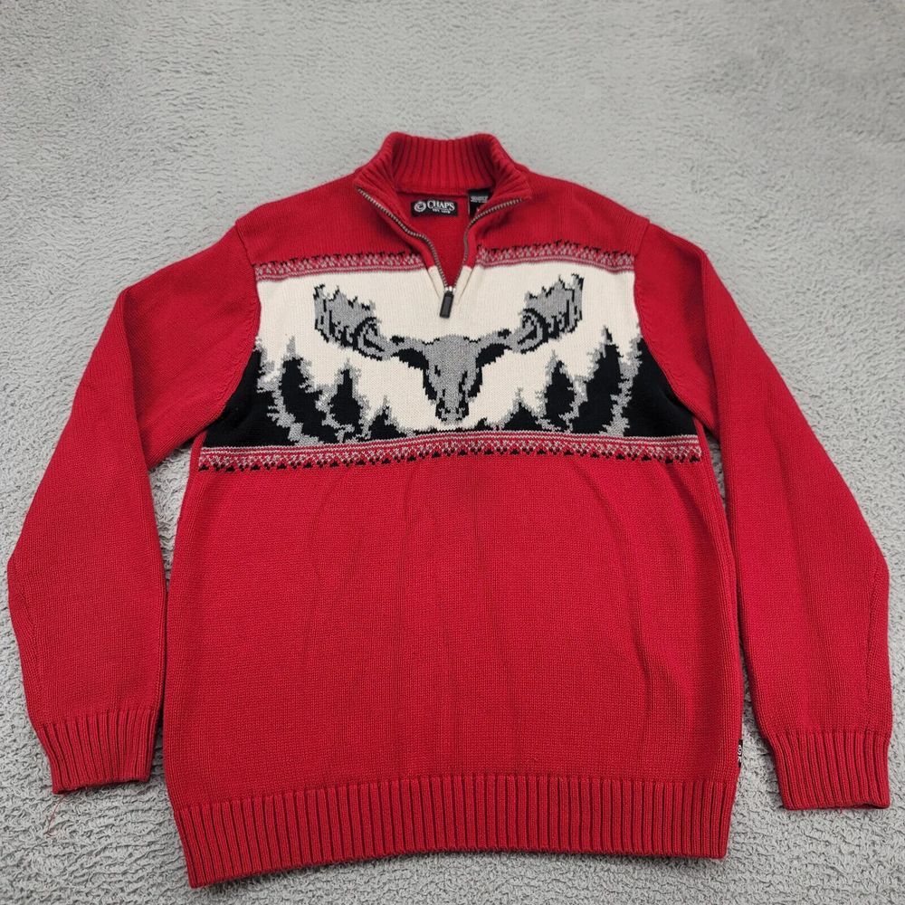 Chaps Sweater Mens Medium Red Knit Holiday Christmas Stretch Moose Stag 1/4 Zip
